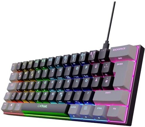 Trust Gaming GXT 867 Acira 60% Tastiera meccanica QWERTZ Layout tedesco, illuminazione RGB, doppi tasti occupati, USB Mini portatile programmabile, piccola tastiera da gioco 60% PC portatile