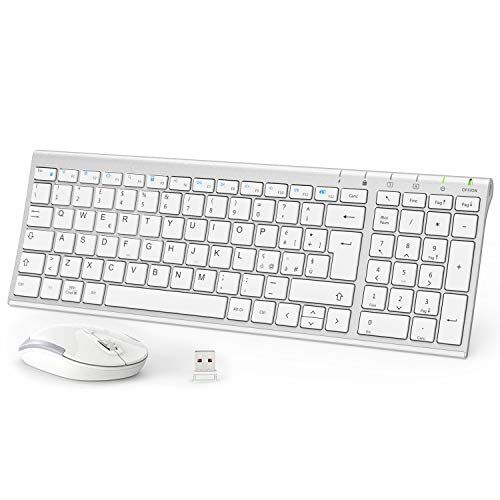 iClever Tastiera e Mouse Portatili Wireless 2.4G, Batteria Ricaricabile Design Ergonomico Dimensioni Regolari Sottile Connessione Stabile DPI Regolabile (Argento e Bianco)