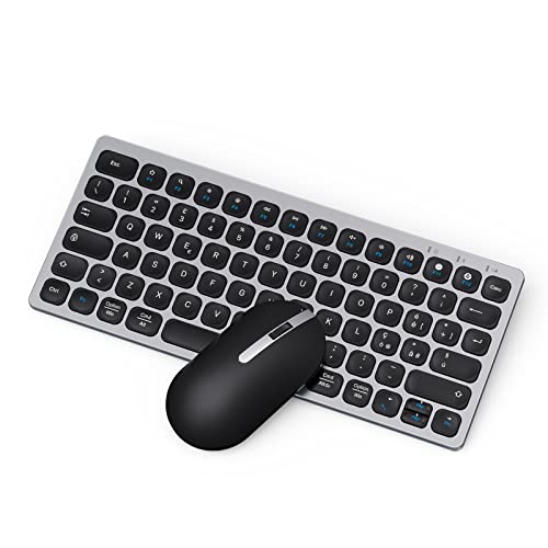 ASHU Set Tastiera e Mouse Wireless, (Connessione 2.4g + BT 5.0), Tastiera Piccola Layout Italiano, Silenziosa, Mouse Ottico, Set Per PC/TV/Macbook Grigio