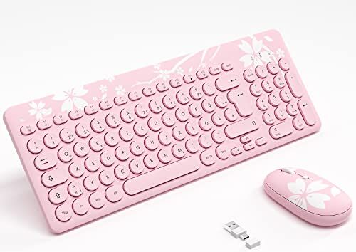 Mytrix Rosa Sakura, set di tastiera senza fili, tastiera tedesca QWERTZ, tastiera silenziosa, con tastierino numerico per PC, laptop, Mac, Windows, chiavi rotonde retrò, ricevitore tipo C/USB A