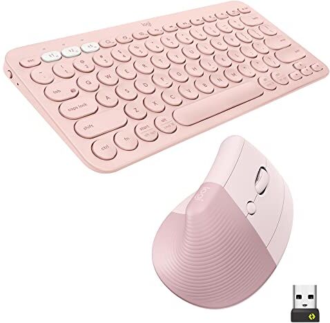 Logitech K380 Tastiera wireless Bluetooth e mouse ergonomico verticale Lift, silenziosi, multidispositivo, compatti, batteria: 2 anni, Windows/macOS/iPad OS, laptop, PC, QWERTY IT Rosa