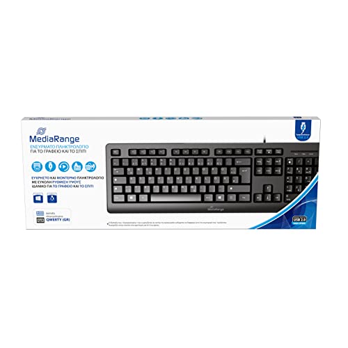 MediaRange Tastiera cablata con 105 tasti, layout QWERTY (GR), tastiera PC con connettore USB 2.0 plug & play, resistente agli spruzzi d'acqua e regolabile in altezza, nero