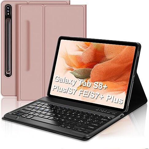 JADEMALL Custodia con Tastiera per Samsung Tab S7 FE/S7+ Plus/S8+ Plus 12.4" 2022/2021, Layout Italiano QWERTY, Tastiera Bluetooth Staccabile per Samsung Tab S7+/S8+ 12.4", Oro Rosa