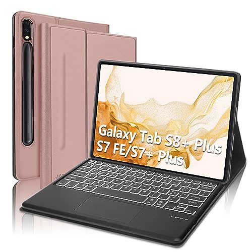 JADEMALL Custodia con Tastiera Trackpad per Samsung Tab S7 FE/Tab S7+ Plus/S8+ Plus 12.4" 2022, Italiana QWERTY-Layout Tastiera Retroilluminata Bluetooth Staccabile per Samsung Tab S8+/S7+ Plus 12.4", Oro Rosa