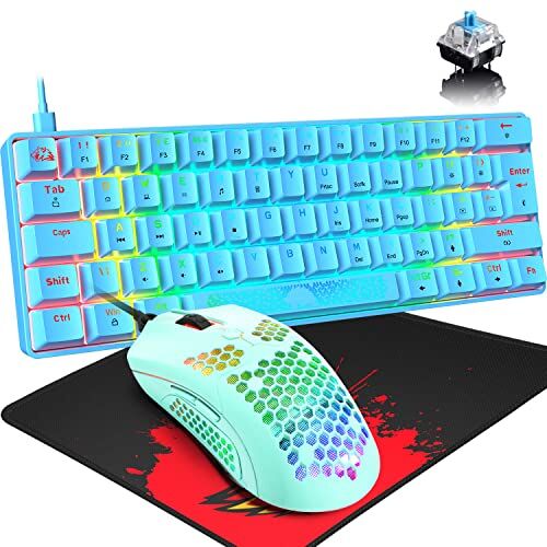 Hoopond RGB Mini 60% Keyboard meccanico di gioco meccanico 62-Key 18 Chroma backlit Blue Switch Wired Tastiera compatta + 12000DPI 65g Mouse da gioco leggero per PS4 / XBOX/PC/Laptop-BLU