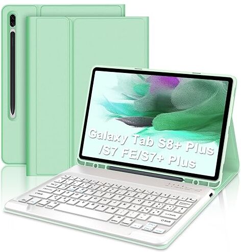 JADEMALL Custodia con Tastiera per Samsung Tab S7 FE/S7+ Plus/S8+ Plus 12.4" 2022/2021 Layout Italiano QWERTY Tastiera Bluetooth Staccabile per Samsung Tab S7 FE/S7+ Plus/S8+ Plus 12.4", Verde chiaro