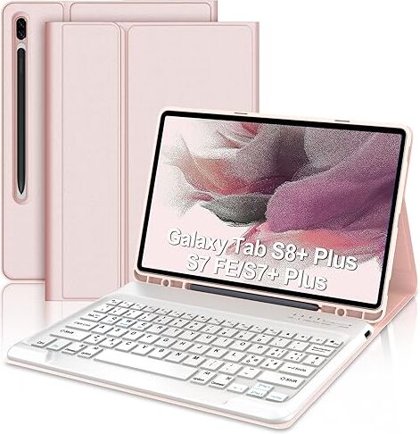 JADEMALL Custodia con Tastiera per Samsung Galaxy Tab S7 FE/S7+ Plus/S8+ Plus 12.4" 2022 Layout Italiano QWERTY Tastiera Bluetooth Staccabile per Samsung Tab S7+/S8+ 12.4", Rosa