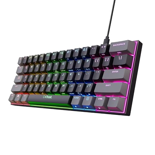 Trust Gaming GXT 867 Acira Tastiera Meccanica 60% QWERTY US, Tasti a Doppia Funzione, Illuminazione RGB, Tastiera Mini Gaming Programmabile USB 60% PC Laptop Nero/Grigio