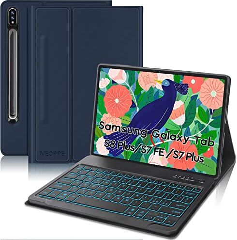 IVEOPPE Custodia Tastiera per Samsung Galaxy Tab S8 Plus 2022/ S7 FE/S7 Plus 12.4", Tastiera Retroilluminazione Staccabile Wireless Bluetooth, Layout Italiano QWERTY, Blu Scuro