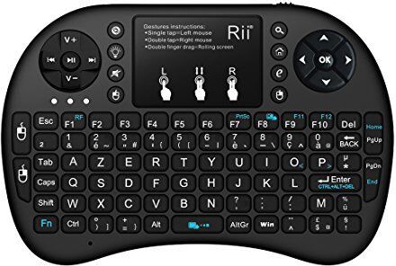 Rii Mini i8+ Mini tastiera retroilluminata ergonomica senza fili francese (AZERTY), con touchpad, per Smart TV, mini PC, HTPC, console, computer, colore: nero