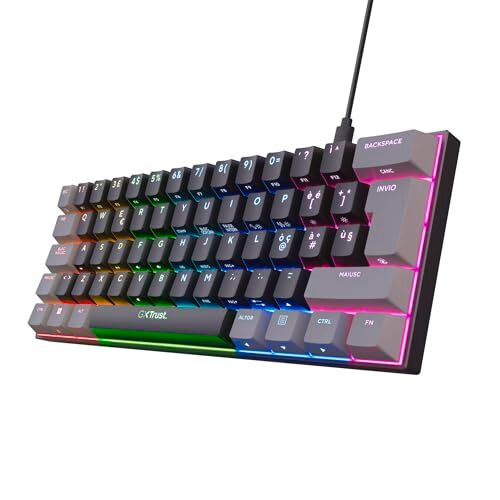 Trust Gaming GXT 867 Acira Tastiera Meccanica 60% Layout Italiano QWERTY, Mini Tastiera Retroilluminata RGB, Tasti a Doppia Funzione, USB Tastiera Gaming Programmabile PC Laptop Portatile Nero