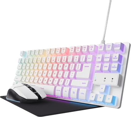 Trust GXT 794W Kit 3-in-1 Mouse e Tastiera Gaming TKL, Layout Italiano QWERTY, Tastiera Plastica Riciclata, Mouse Wireless 80 Ore di Autonomia, Tappetino, Bundle Pacchetto Gamer RGB PC, Bianco