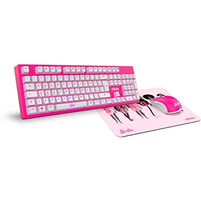 KROM BARBIE KANDY Tastiera a Membrana LED Bianca, Mouse Sensore ottico 6400 DPI, Tappetino per mouse in gomma morbida e resistente, layout italiano, colore rosa KROM BARBIE KANDY Tastiera a Membrana LED Bianca, Mouse Sensore ottico 6400 DPI, Tappetino per mouse in gomma morbida e resistente, layout italiano, colore rosa