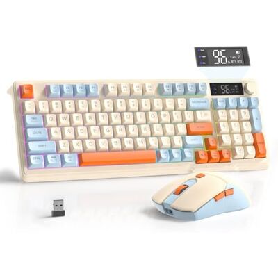 Free wolf FREEWOLF T96 Tastiera e Mouse Wireless, Bluetooth & 2.4G, Tasti PBT, Manopola Multimediale, Schermo, Silenziosa, Anti-ghosting, QWERTY US Layout, per Mac/Windows/Linux Mirtillo Free wolf FREEWOLF T96 Tastiera e Mouse Wireless, Bluetooth & 2.4G, Tasti PBT, Manopola Multimediale, Schermo, Silenziosa, Anti-ghosting, QWERTY US Layout, per Mac/Windows/Linux Mirtillo