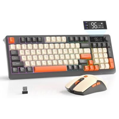 Free wolf FREEWOLF T96 Tastiera e Mouse Wireless, Bluetooth & 2.4G, Tasti PBT, Manopola Multimediale, Schermo, Silenziosa, Anti-ghosting, US Layout, QWERTY, per Mac/Windows/Linux Luccichio Free wolf FREEWOLF T96 Tastiera e Mouse Wireless, Bluetooth & 2.4G, Tasti PBT, Manopola Multimediale, Schermo, Silenziosa, Anti-ghosting, US Layout, QWERTY, per Mac/Windows/Linux Luccichio