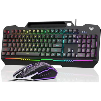 AULA Tastiera da gioco, combinazione di 104 tasti e mouse con retroilluminazione RGB, pannello interamente in metallo, anti-ghosting, cablata per Mac Windows PC Gamers AULA Tastiera da gioco, combinazione di 104 tasti e mouse con retroilluminazione RGB, pannello interamente in metallo, anti-ghosting, cablata per Mac Windows PC Gamers