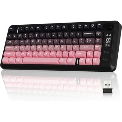 Free wolf FREEWOLF M75 Tastiera wireless dual-mode, Bluetooth+2.4G, controllo tramite manopola e display, 82 tasti compatti PBT con gradiente, luce arcobaleno,QWERTY, anti-ghosting completo per Mac/Win-Rosa Free wolf FREEWOLF M75 Tastiera wireless dual-mode, Bluetooth+2.4G, controllo tramite manopola e display, 82 tasti compatti PBT con gradiente, luce arcobaleno,QWERTY, anti-ghosting completo per Mac/Win-Rosa