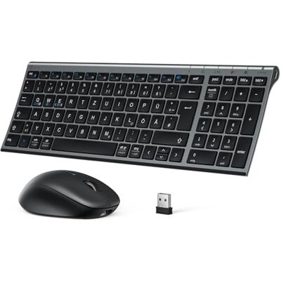 iClever Set di tastiera e mouse senza fili, Bluetooth + 2,4 G, 3 dispositivi contemporaneamente, USB-C, ricaricabile, silenziosa, QWERTZ per Windows, Mac, PC, iPad, Android, grigio iClever Set di tastiera e mouse senza fili, Bluetooth + 2,4 G, 3 dispositivi contemporaneamente, USB-C, ricaricabile, silenziosa, QWERTZ per Windows, Mac, PC, iPad, Android, grigio