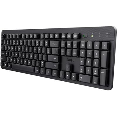 Trust ODY II Tastiera silenziosa senza fili QWERTZ Tedesco, tasti piatti, resistente agli spruzzi, ricevitore USB RF da 2,4 GHz, per PC, laptop, Mac, colore: Nero Trust ODY II Tastiera silenziosa senza fili QWERTZ Tedesco, tasti piatti, resistente agli spruzzi, ricevitore USB RF da 2,4 GHz, per PC, laptop, Mac, colore: Nero