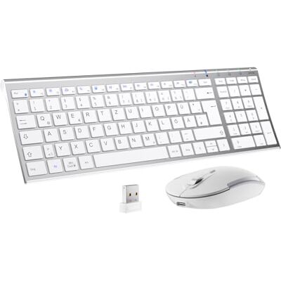 iClever QWERTZ Set di tastiera e mouse wireless ricaricabile (tedesco), ultra sottile per computer/desktop/PC/laptop/Windows 10/8/7, bianco e argento iClever QWERTZ Set di tastiera e mouse wireless ricaricabile (tedesco), ultra sottile per computer/desktop/PC/laptop/Windows 10/8/7, bianco e argento