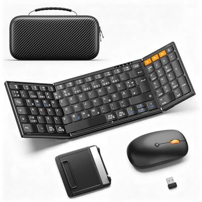 MoKo QWERTZ Faltbare Tastatur Kabellos und Maus Kombi, 2.4G+Dual Bluetooth Full-Size Tragbar Tastatur Klappbar Set mit Ziffernblock, Deutsche Layout für Windows iOS Android Tablet/Handy/Laptop/PC MoKo QWERTZ Faltbare Tastatur Kabellos und Maus Kombi, 2.4G+Dual Bluetooth Full-Size Tragbar Tastatur Klappbar Set mit Ziffernblock, Deutsche Layout für Windows iOS Android Tablet/Handy/Laptop/PC