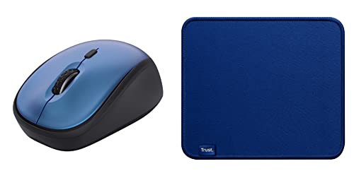Trust Yvi+ Mouse Wireless Silenzioso, Design Sostenibile, 800-1600 DPI, per Mano Sinistra e Destra, Microricevitore USB + Boye Tappetino, Materiali Riciclati, Fondo Antiscivolo, 250 x 210 mm Blu