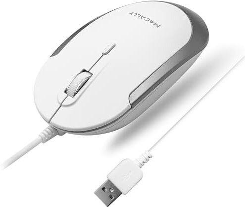 Macally Silent mouse USB-C con cavo per Apple Mac & Windows PC laptop/desktop computer   Slim & Compact con disegni e sensore ottico e interruttore, piccolo per facile viaggio (bianco)