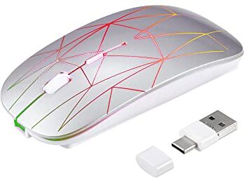 Generic Mouse Wireless, Mouse Wireless 2.4G con Doppio Ricevitore USB e Tipo C, 3 Mouse per Computer DPI Regolabili Mouse Ricaricabili, Luci RGB (d'argento)