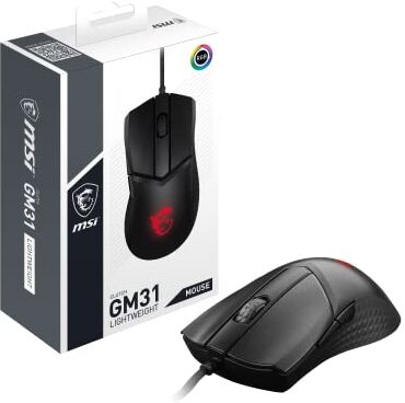 MSI CLUTCH GM31 LIGHTWEIGHT Mouse Gaming, Sensore ottico da 12000 DPI, mano destra, 60M+ Click OMRON Switches, 6 pulsanti, cavo FriXionFree, latenza di 1 ms, luce RGB Mystic, 58 g Con cavo