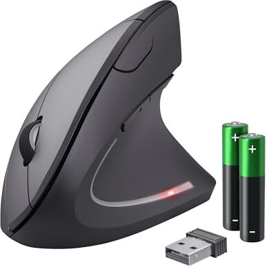 Trust Verto Mouse Verticale Wireless, Ergonomico senza Filo, 800/1200/1600 DPI, Microricevitore USB, 2.4GHz, 6 Pulsanti per PC, Computer, Portatile, Mac Nero