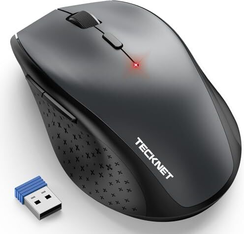 TECKNET Mouse Wireless, 4800 DPI Silenzioso Mouse Senza Fili Ergonomico, 2.4 GHz Ricevitore, 6 Pulsanti, 30 Mesi Durata Batteria, Compatibile con PC, Laptop, Mac, Chromebook Grigio