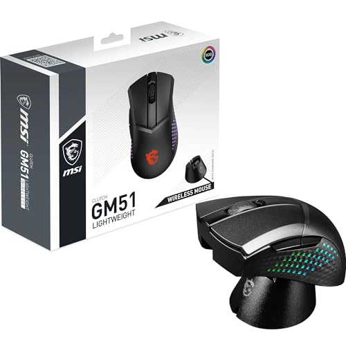 MSI CLUTCH GM51 LIGHTWEIGHT WIRELESS Mouse Gaming, Sensore PixArt PAW-3395, Peso 85g, 1000 Hz, Design ergonomico, Batteria da 550 mAH