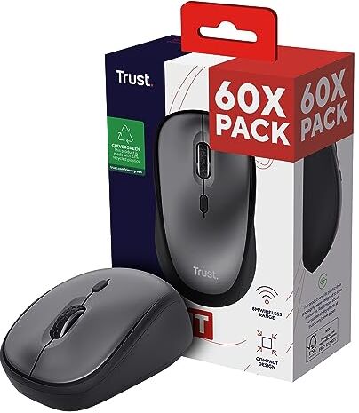 Trust Yvi+ 60 Pack 60x Mouse Wireless Silenzioso con Design Sostenibile, per Mano Sinistra e Destra, Microricevitore USB, Mouse Senza Fili Compatto per PC, Computer, Laptop, Mac Nero