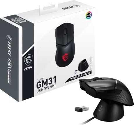 MSI Mouse gaming CLUTCH GM31 LIGHTWEIGHT WIRELESS Sensore ottico 12000 DPI, OMRON Switches da 60M+ click, 6 pulsanti, batteria da 110 ore, dock di ricarica, latenza di 1 ms, RGB, 73 g