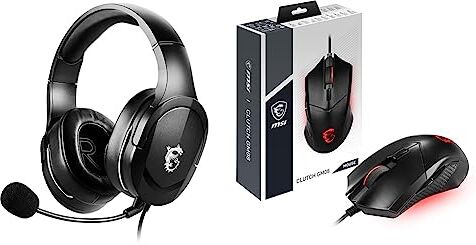 MSI Immerse GH20, cuffia gaming con microfono, 40mm driver, jack 3.5, padiglioni soffici da 2.5cm & Clutch GM08 Mouse Gaming simmetrico USB, LED Rosso, Sensore Ottico PAW 3519 (4200 DPI)