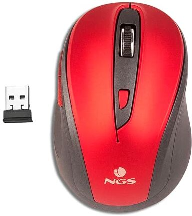 NGS EVO MUTE RED Mouse Ottico Senza Fili 2.4GHz, Mouse USB per Ordinatore o Laptop Con 5 Pulsanti Silenziosi e Scroll, 800/1600dpi, Rosso