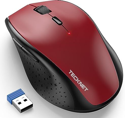 TECKNET Mouse Wireless, 3200 DPI Ergonomico Mouse Senza Fili, 2.4 GHz Ricevitore, 6 Pulsanti, 30 Mesi Durata Batteria, Compatibile con PC, Mac, Laptop, Chromebook-Rosso