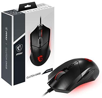 MSI Clutch GM08 Mouse Gaming simmetrico USB, LED Rosso, Sensore Ottico PAW 3519 (4200 DPI), Switch fino a 10 mln di click, sistema di pesi modificabili, Nero