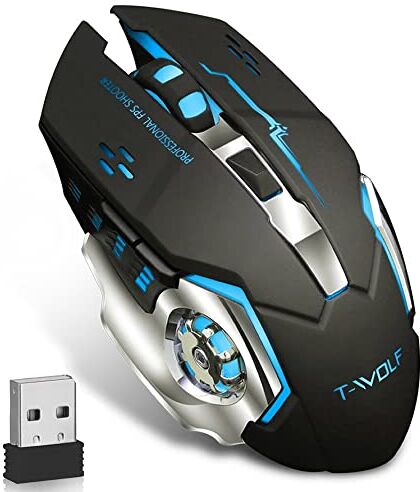 Combrite WOLF Mouse wireless da gioco per computer da gioco, ricaricabile USB ottico LED silenzioso per Mac/PC/laptop, 2400 DPI, 6 pulsanti