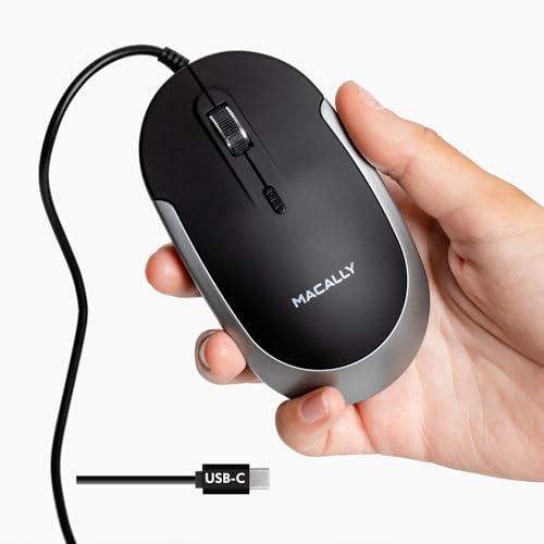 Macally Mouse USB di tipo C, design sottile e compatto, mouse USB C per MacBook Pro, iMac, PC, ecc. Semplice layout a 3 pulsanti e rotella di scorrimento con interruttore DPI, comodo mouse plug &