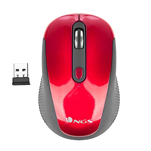 NGS HAZE RED Mouse Ottico Senza Fili 2.4GHz, Mouse USB per Ordinatore o Laptop Con 3 Pulsanti e Scroll in Metallo, 800/1600dpi, Rosso