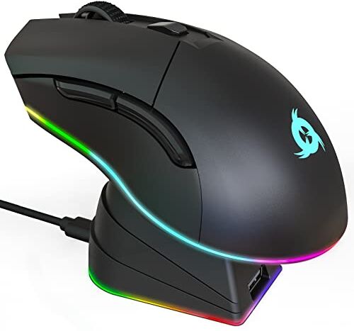 KLIM Blaze Pro Mouse da gioco wireless RGB ricaricabile con stazione di ricarica + sensore ad alta precisione con batteria a lunga durata + fino a 6000 DPI + mouse cablato e wireless + nuovo 2024