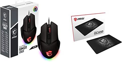 MSI Clutch GM20 Elite Mouse Gaming ergonomico USB, RGB Mystic Light, Sensore Ottico PAW 3309 & Agility GD20 Tappetino per mouse Dimensioni 32cm(L) x 22cm(W) x 5mm(H)