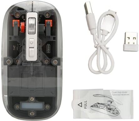 Bewinner Mouse Wireless Bluetooth, Mouse BT5.1 a 3 modalità da 2,4 GHz, Mouse Trasparente Trasparente, Mouse Ricaricabili 4 DPI 800/1200/1600/2400 con Clic Silenzioso, Rotella in Metallo