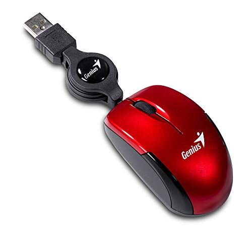 Genius Microtraveler Mouse con Cavo USB Retrattile, 3 Tasti 1200 Dpi, Rosso