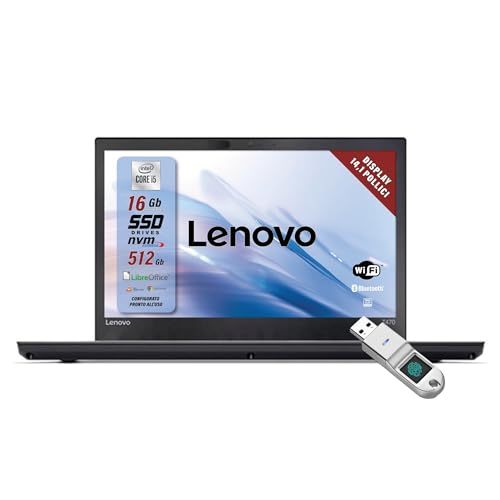 Lenovo , Thinkpad Pc portatile Intel Core i5-6Th, Ram 16 Gb, SSD 512 Gb, Pronto all'uso con Pacchetto Libre, Display HD da 14", W10 e Chiavetta USB Fingerprint (Ricondizionato)