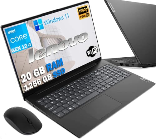 Lenovo Notebook SSD Intel i3 di 12Th, Display da 15,6" FULL HD 1920x1080, Ram 20 Gb DDR4, SSD M2 1256Gb, lan, wifi,bt, Webcam, Win11 Pro, Libre Office, Pronto All'uso, Mouse OMAGGIO