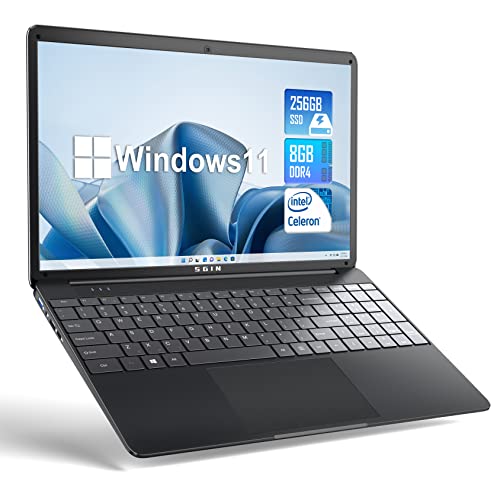 SGIN Laptop da 15,6 pollici, 8 GB RAM, SSD 256 GB, Windows 11, Celeron Quad-Core, fino a 2,8 GHz, 1366 x 768, 2,4/5,0 G WiFi, 7000 mAh, Bluetooth (layout della tastiera italiano non garantito)