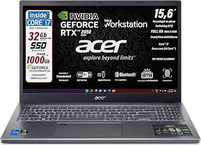 Acer Notebook, Intel i7-1255U 12th, 10 Core 4.7Ghz, 32 Gb Ram, SSD Pci da 1 Tb, 15.6" FHD Ips, Geforce Nvidia RTX 2050 Tastiera retroilluminata, finger, Wi-Fi 6, lan, hdmi, Win 11 Pro, pronto all'uso