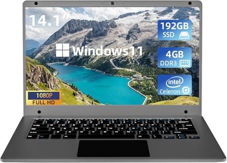 Waxuor Computer Portatile 14,1 Pollici PC Portatile Windows 11 Notebook, 4 GB DDR3 192 GB SSD, Intel Celeron Quad Core, Full HD IPS 1920x1080, WiFi,Bluetooth4.2, USB3.0,Mini HDMI